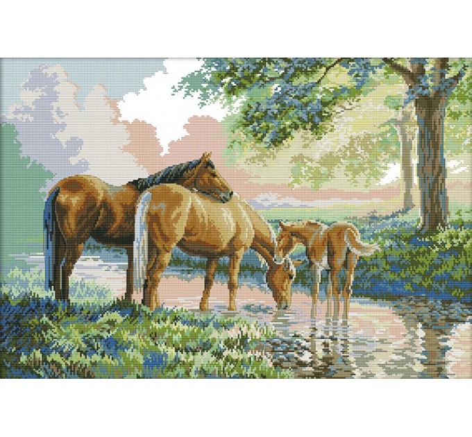 Набор для вышивания крестом 61х44 Лошади на водопое Joy Sunday D434